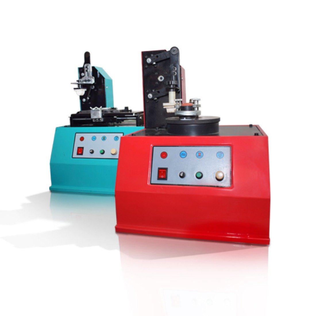 Two tampo pad-printing machines, one red and one turquoise, from the packaging machinery line.